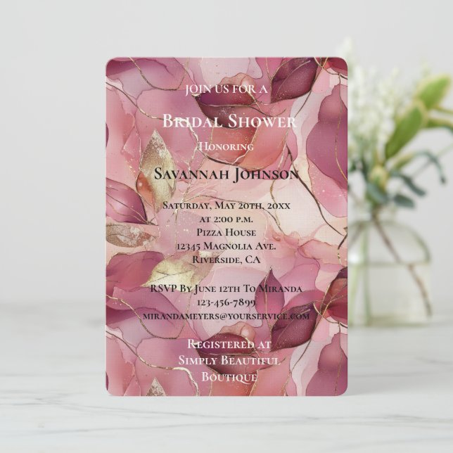 Blush Pink Chic Gold Leaves Bridal Shower Invitation (Standing Front)
