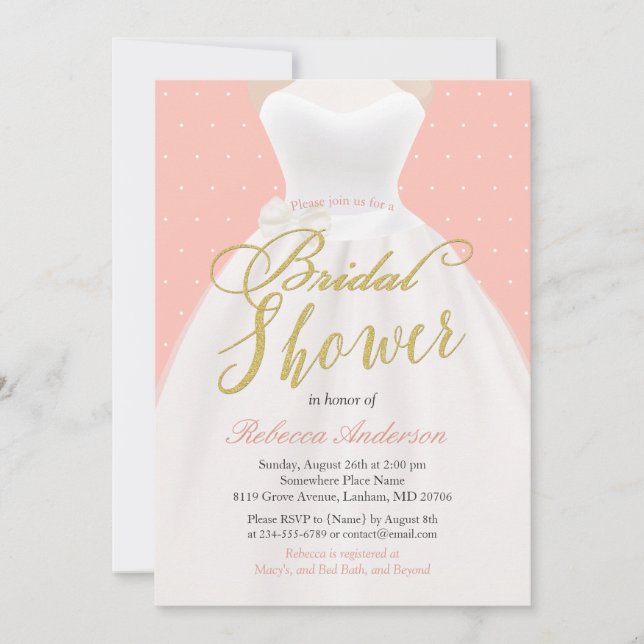 Blush Pink Chic Gold Wedding Dress Bridal Shower Invitation (Front)