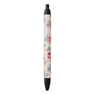 Blush Pink   Chic Watercolour Floral Monogram Black Ink Pen