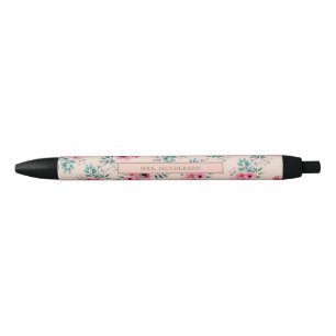 Blush Pink   Chic Watercolour Floral Personalised Black Ink Pen