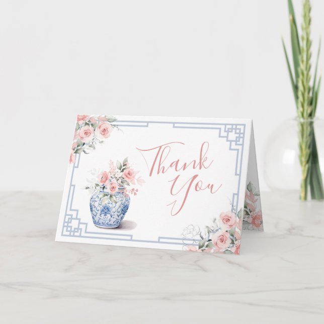 Blush Pink Chinoiserie Ginger Jar Baby Shower Thank You Card (Front)