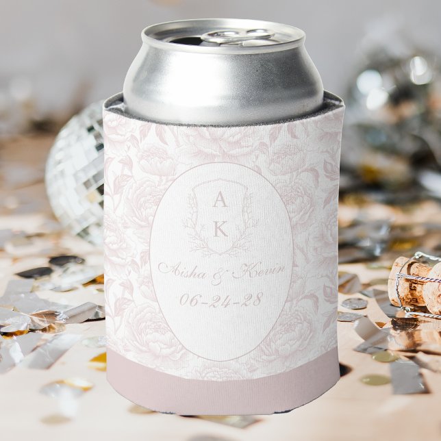 Blush Pink Chinoiserie Peonies Monogram Wedding Can Cooler (Creator Uploaded)