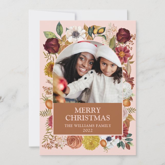 Blush Pink Christmas Botanical Floral 1 Photo Arch Holiday Card (Front)