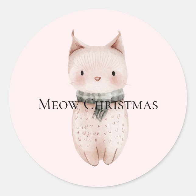Blush Pink Christmas Cat Classic Round Sticker (Front)