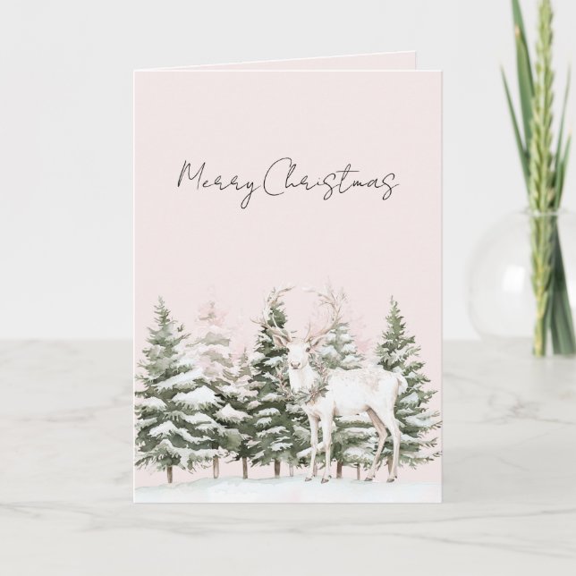 Blush Pink Christmas Trees Deer in Snow Card (Front)