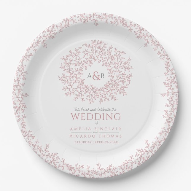Blush pink circle leaf drawing monogram wedding paper plate (Front)