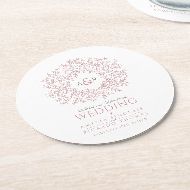 Blush pink circle leaf drawing monogram wedding round paper coaster (Angled)