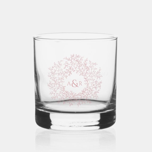 Blush pink circle leaf drawing monogram wedding whiskey glass (Front)