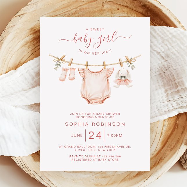 Blush Pink Clothesline Girl Baby Shower Invitation (Creator Uploaded)