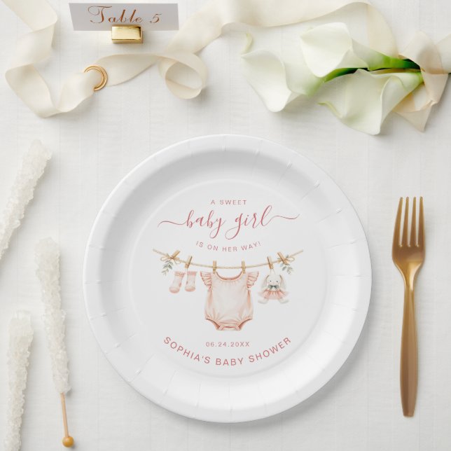 Blush Pink Clothesline Girl Baby Shower Party Paper Plate (Wedding)