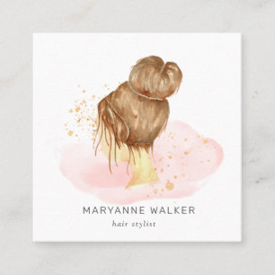 blush pink cloud gold speckles salon updo square business card