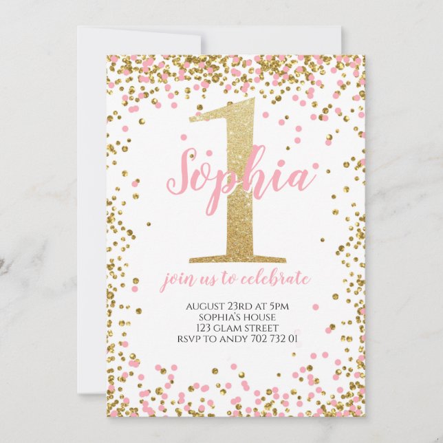 Blush Pink Confetti Girl First Birthday Gold Invitation (Front)