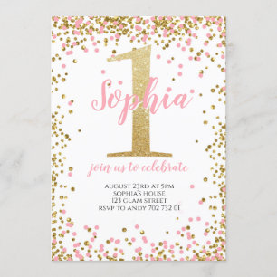 Blush Pink Confetti Girl First Birthday Gold Invitation