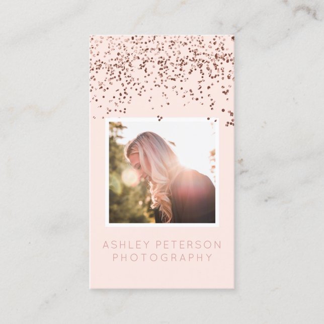Blush pink confetti photo photography typography business card (Front)