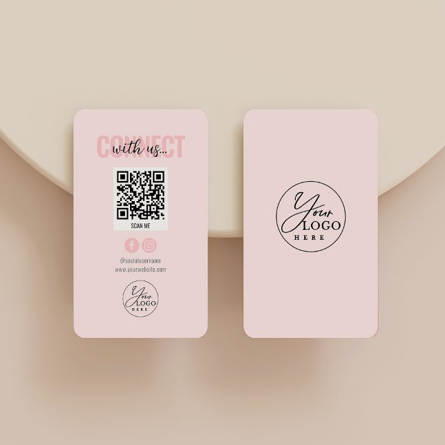 Blush Pink Connect With Us Social Media QR Code Business Card (Creator Uploaded)