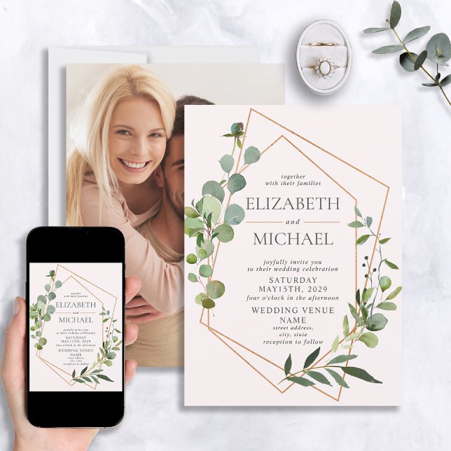 Blush Pink Copper Geometric Eucalyptus Photo Invitation (Creator Uploaded)