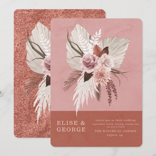 Blush Pink Copper Tropical Pampas Unique Wedding Invitation (Front/Back)