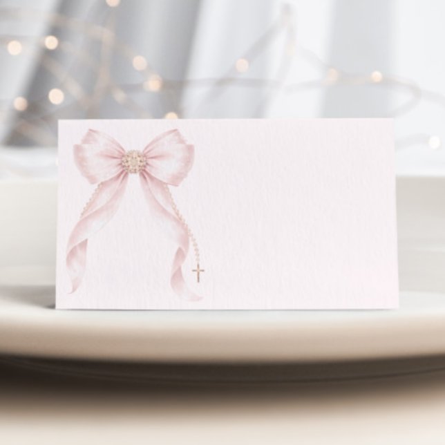 Blush Pink Coquette Bow Baptism Cross Place Card (Creator Uploaded)