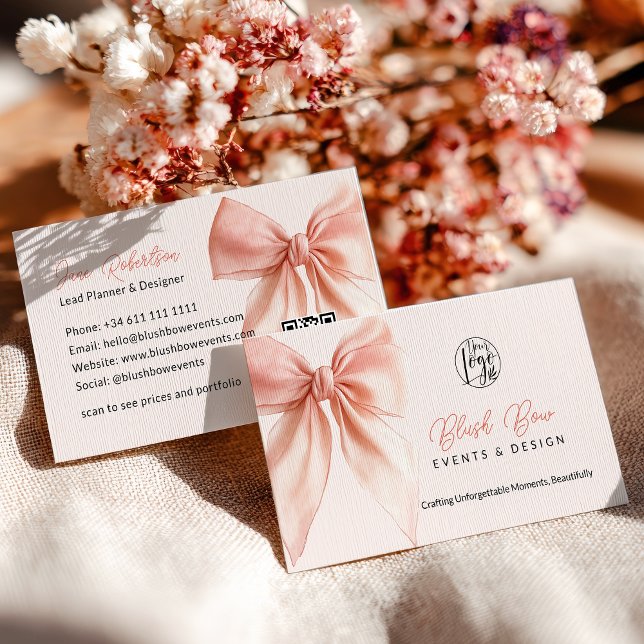 Blush Pink Coquette Bow Elegant Events Design  Business Card (Blush Pink Coquette Bow Elegant Events Design Business Card)