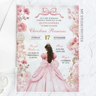 Blush Pink Coquette Bow Princess Quinceanera Acrylic Invitations
