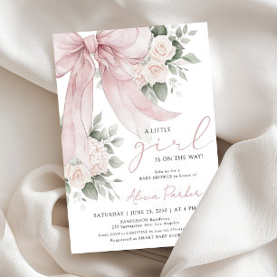 Blush pink coquette floral bow girl baby shower invitation