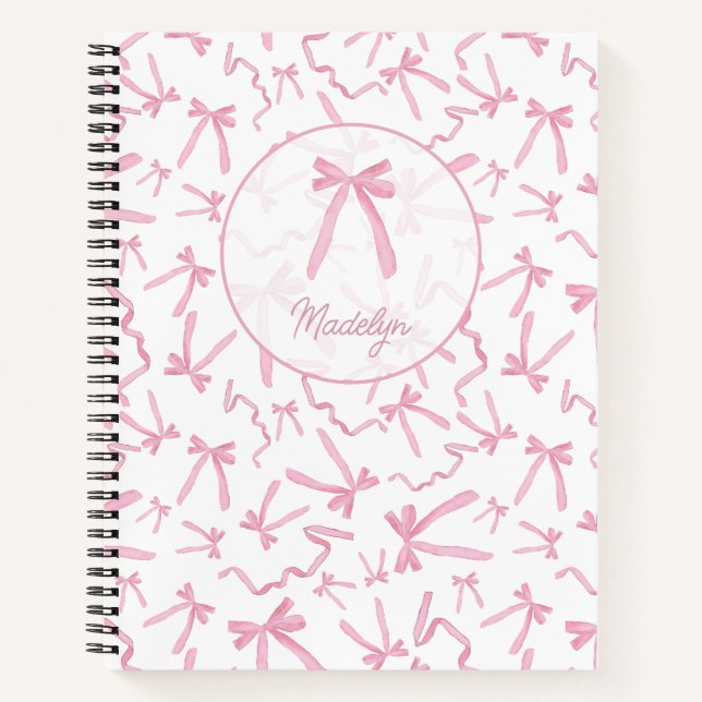Blush pink coquette ribbon pattern personalised notebook (Front)
