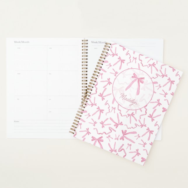 Blush pink coquette ribbon pattern personalised planner (Display)