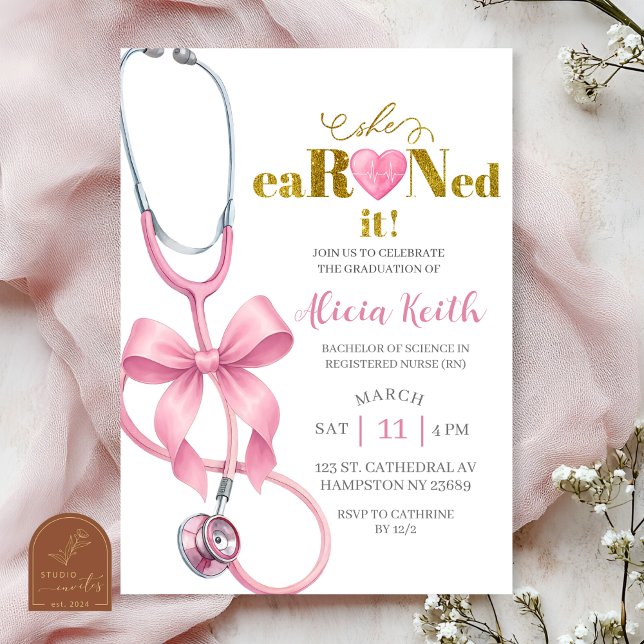 Blush Pink Coquette stethoscope She eaRNed it grad Invitation (Creator Uploaded)