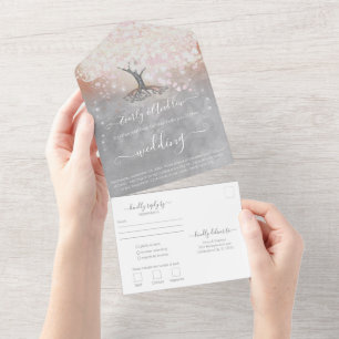 Blush Pink Coral and Grey Heart Leaf Tree Wedding  All In One Invitation