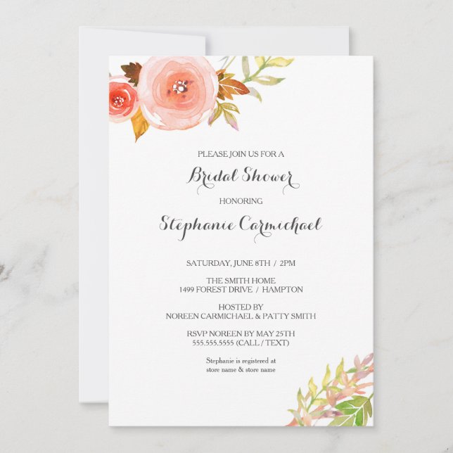 Blush pink coral Floral Bridal Shower 3605b Invitation (Front)