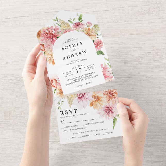 Blush Pink & Coral Flowers Floral Wedding All In One Invitation (Tearaway)