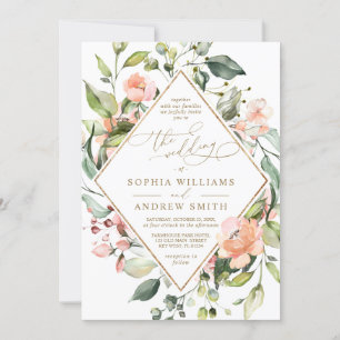 Blush Pink Coral Flowers & Gold Frame Wedding Invitation