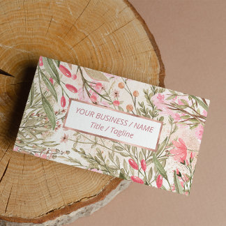 Blush pink coral forest green watercolor floral bu business card