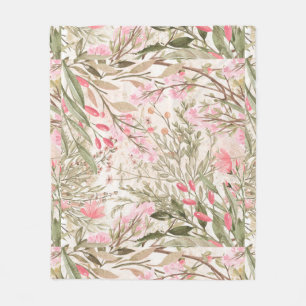 Blush pink coral forest green watercolor floral fleece blanket