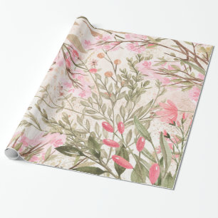 Blush pink coral forest green watercolor floral wrapping paper