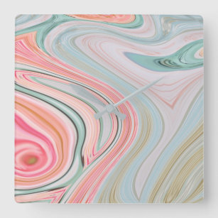 blush pink coral mint green rainbow marble swirls square wall clock