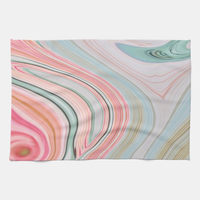 blush pink coral mint green rainbow marble swirls tea towel (Horizontal)