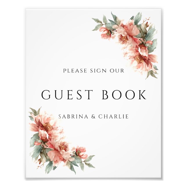 Blush Pink Coral Peony Wedding Guest Book Sign (Front)