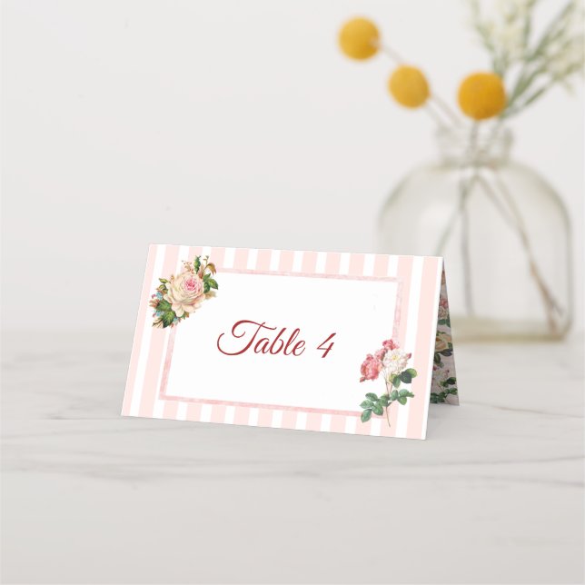 Blush Pink Coral Rose Bouquet Table Card (Front)