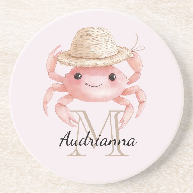 Blush Pink Crab with Hat Monogram Coaster (Front)
