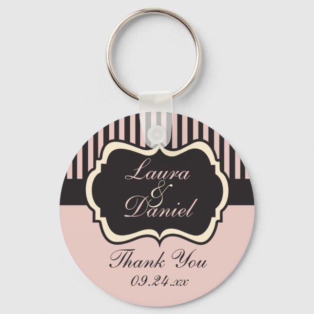 Blush Pink, Cream, and Grey Striped Wedding Favour Key Ring (Front)