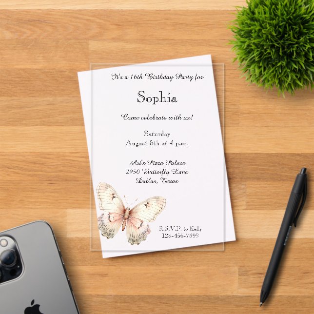 Blush Pink Cream Butterfly Birthday  Acrylic Invitations (Insitu (Invitation Card))
