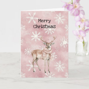 Blush Pink Cream Deer Scarf Snowflakes Christmas Card