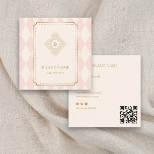 Blush Pink Cream Diamond Gold Frame Monogram Square Business Card