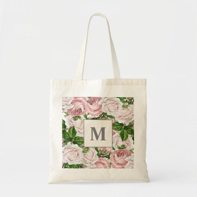 Blush Pink Cream Floral Monogram Initial Tote Bag (Front)