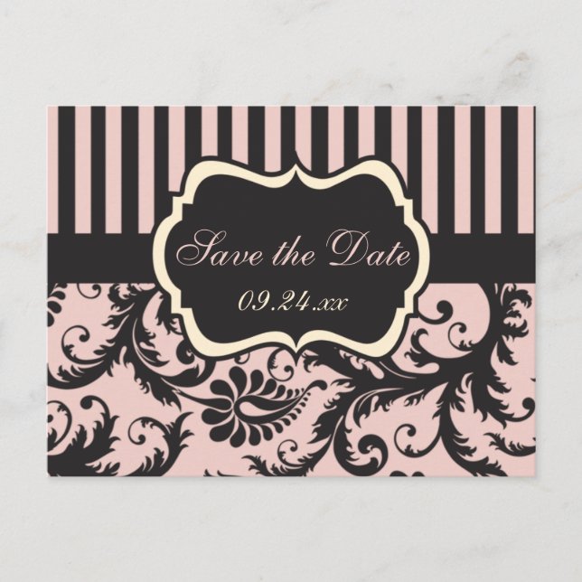 Blush Pink, Cream, Grey Damask Save the Date Card (Front)
