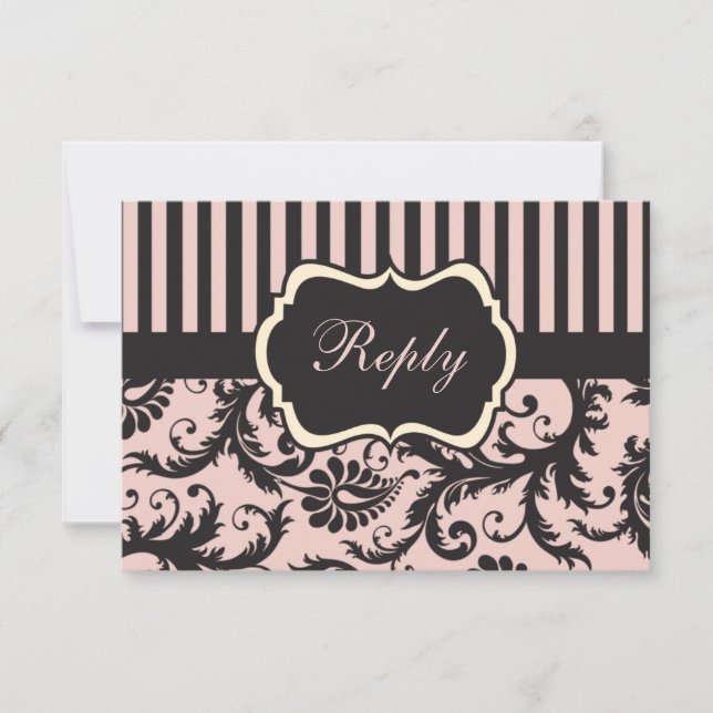 Blush Pink, Cream, Grey Stripe Damask Reply Card (Front)
