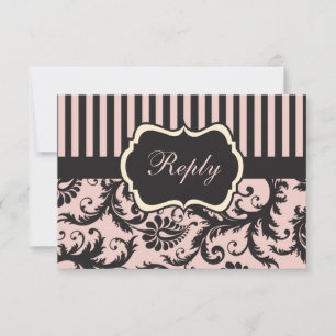 Blush Pink, Cream, Grey Stripe Damask Reply Card