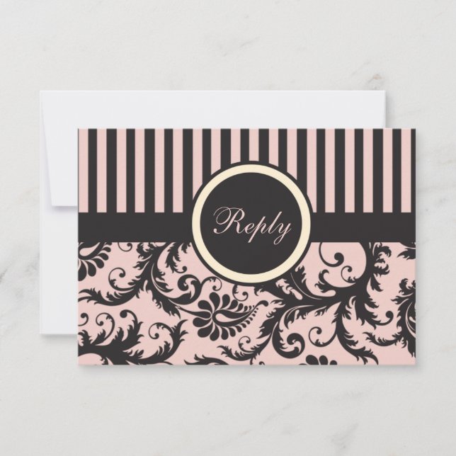 Blush Pink, Cream, Grey Stripe Damask Reply Card (Front)