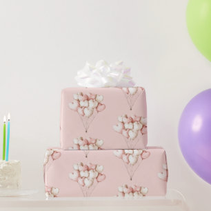 Blush Pink Cream Hearts Balloons Birthday Wrapping Paper